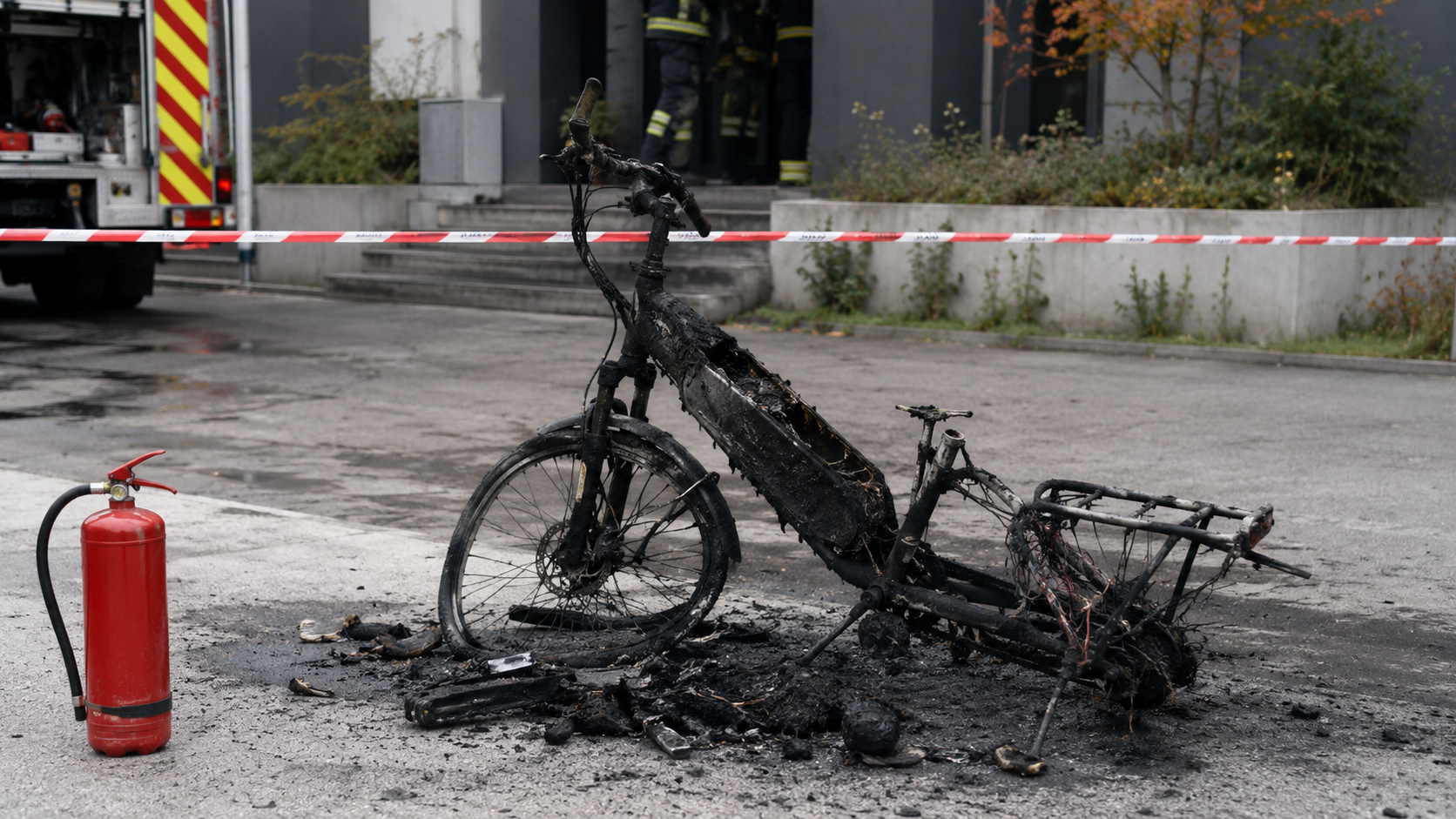 Burnt e-bike and emergency response scene