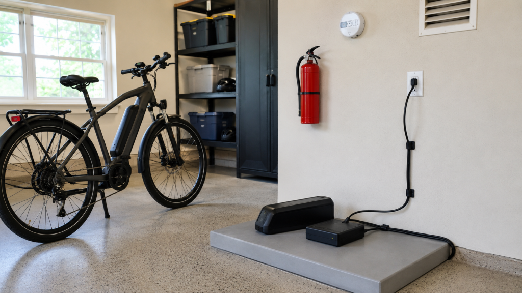 Clean and organized garage with e-bike