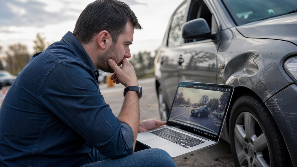 Driver reviewing dashcam footage on laptop after accident