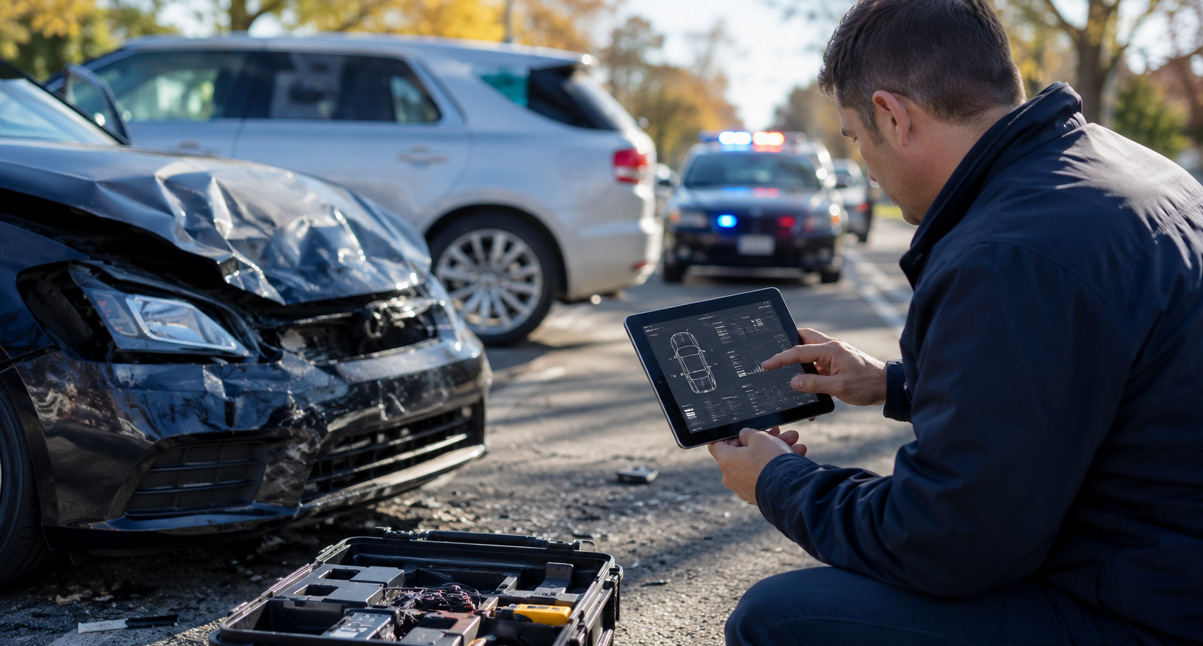 Modern car crash scene with investigator reviewing digital vehicle data