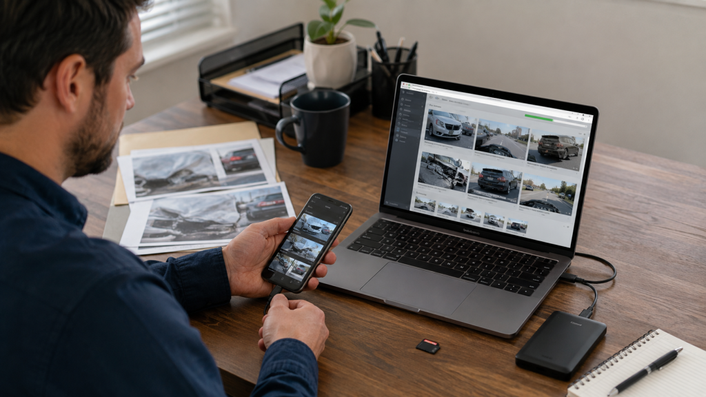 Driver backing up original digital evidence after a car accident