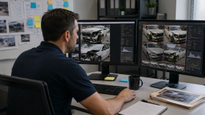 Investigator comparing original and AI generated accident evidence