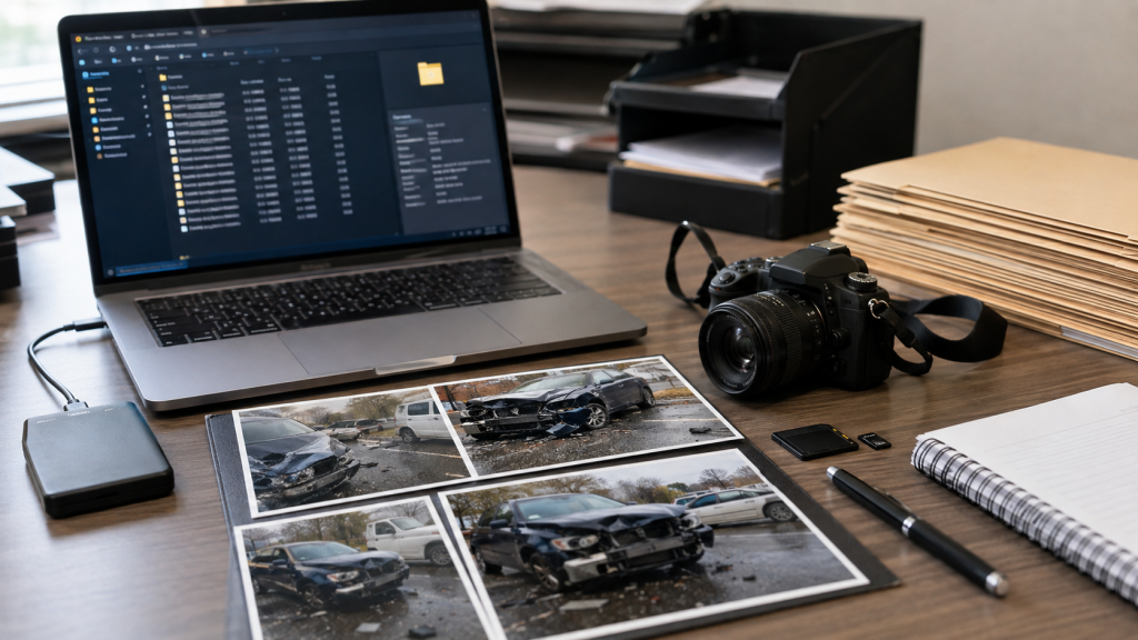 Original crash photos and metadata preserved for an accident claim